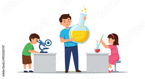 A man and two children are engaged in science experiments, utilizing a microscope and flasks with colorful liquids in a simple lab setting.