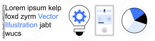 Innovation, technology, automation, data analytics, smart devices, energy efficiency. ions of a lightbulb with a gear, a smart thermostat and a pie chart. Technology and automation