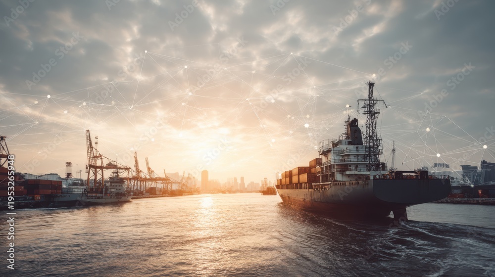 Fototapeta premium Cargo ship navigating through port at sunset maritime industry seascape urban waterfront serene atmosphere