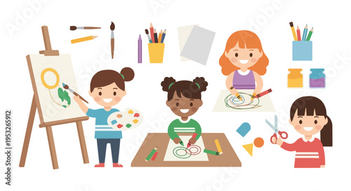 Four young girls are happily engaged in various artistic activities like painting, drawing with crayons, and cutting paper shapes at art class.