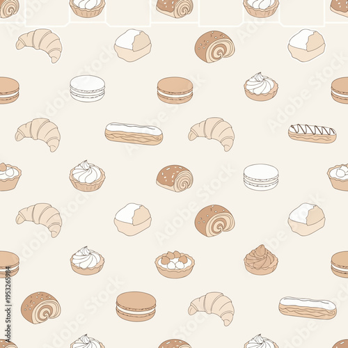 Seamless pattern of various pastries including croissants and macarons on a beige background with a flat design style and warm color palette.