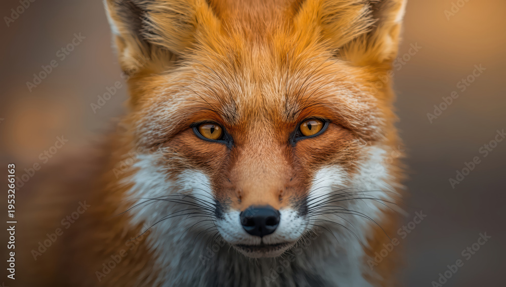 Fototapeta premium Red fox close up portrait with amber eyes and detailed fur texture, intense gaze