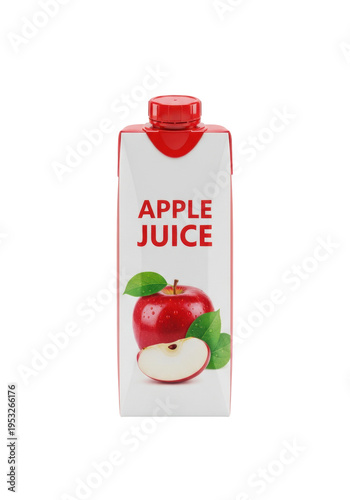 sleek modern matte white aseptic apple juice carton, glossy red cap, isolated against a transparent cyclorama in ultra-detailed 8k cgi, high-key commercial render. concept for beverage advertising