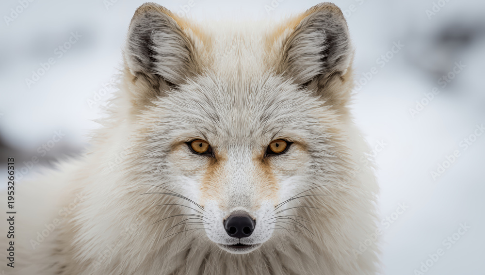 Naklejka premium Arctic fox portrait with amber eyes in snowy landscape, detailed fur texture and calm gaze
