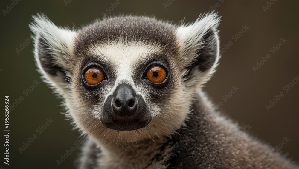 Naklejka premium Ring tailed lemur close up portrait with intense orange eyes and soft fur