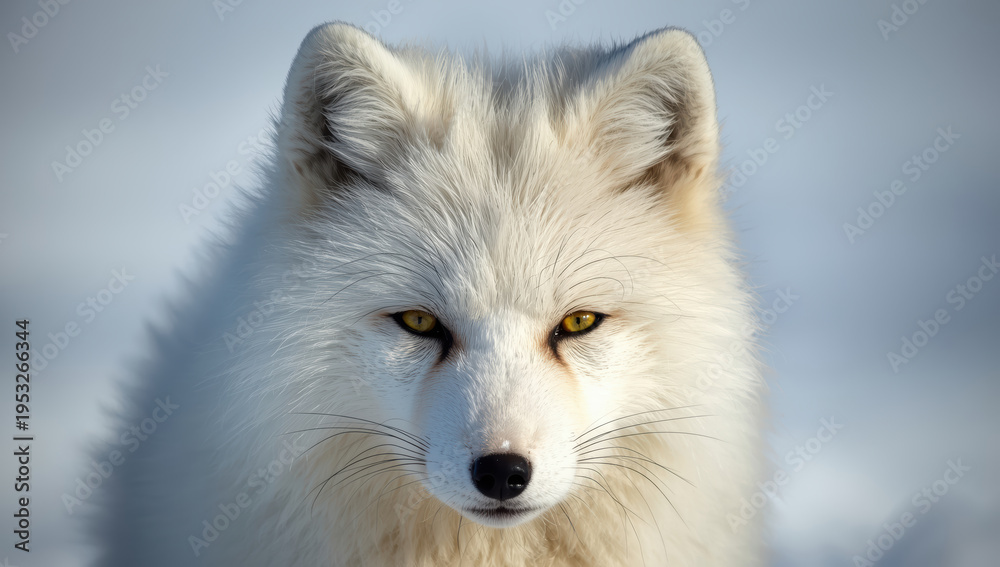 Fototapeta premium Arctic fox portrait with golden eyes in snowy landscape conveying calm intensity