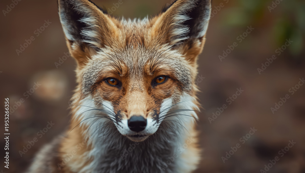 Fototapeta premium Red fox close up portrait with amber eyes in natural habitat, alert expression
