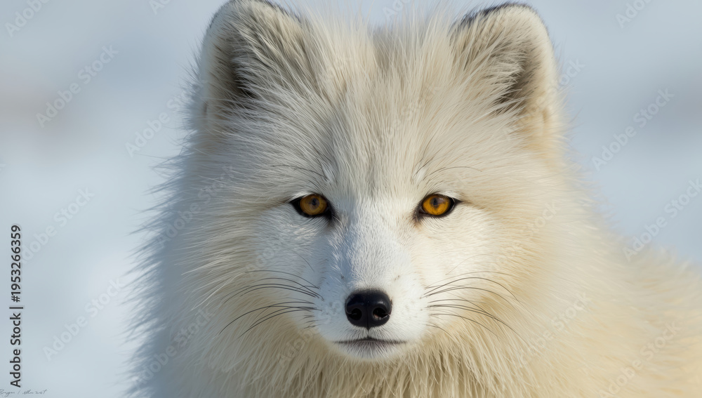 Fototapeta premium Arctic fox close up portrait with golden eyes and thick white winter fur, calm expression