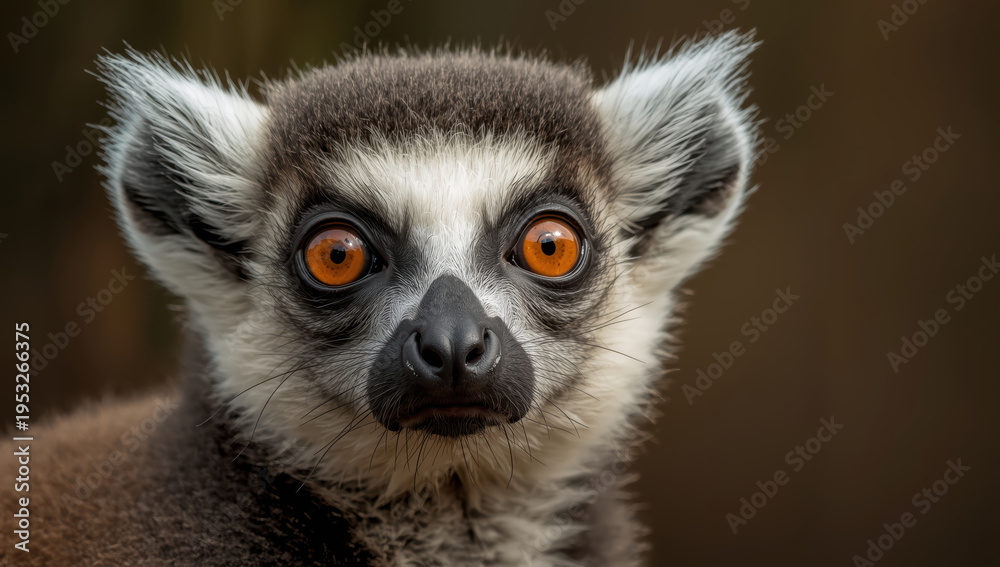 Naklejka premium Ring tailed lemur close up portrait with intense orange eyes and soft fur