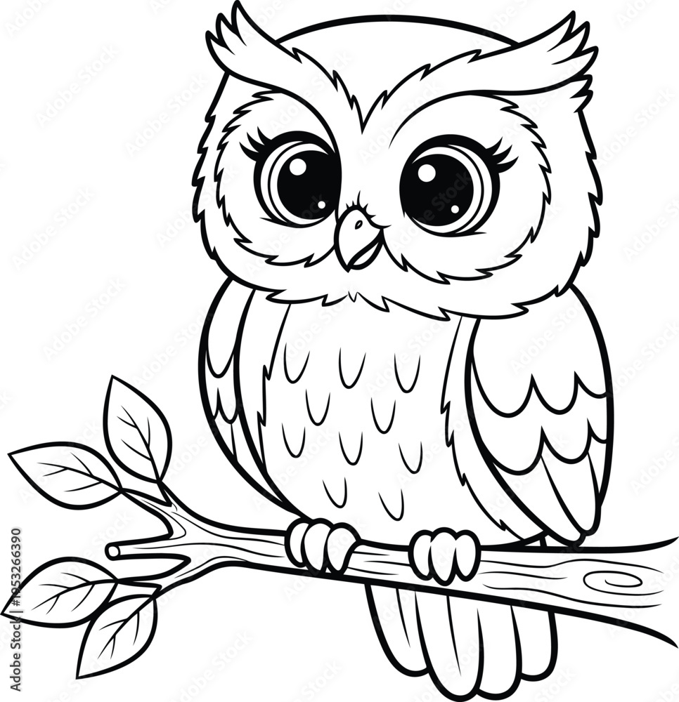 Fototapeta premium A cartoon owl perched on a branch with leaves