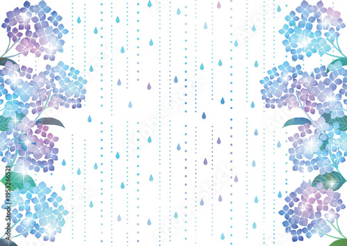 虹色あじさいフレームイラスト、かわいい、梅雨、6月、和風、背景、横