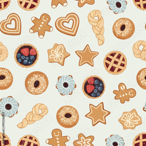 Colorful pattern of assorted sweet baked goods on white background including donuts, pastries, cookies and gingerbread shapes.