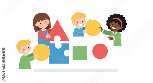 Four diverse children are happily playing together, collaborating to assemble various large, colorful geometric shapes and puzzle pieces.