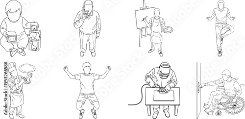 Collection of eight black and white line drawings of people performing various actions isolated on transparent background