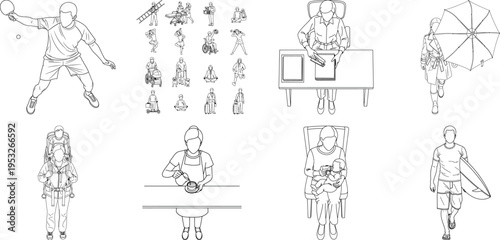 A collection of eight black and white illustrations of people performing various gymnastic moves isolated on transparent background