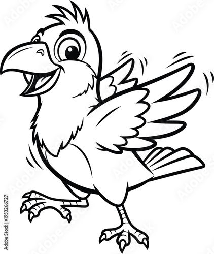 A cartoon bird in motion with an open beak and flapping wings