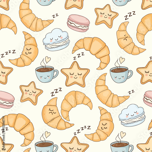 Pattern of cartoon sleepy food and drink icons including croissants, muffins, sandwiches, stars, clouds, and coffee cups on a white background with a dreamy mood.