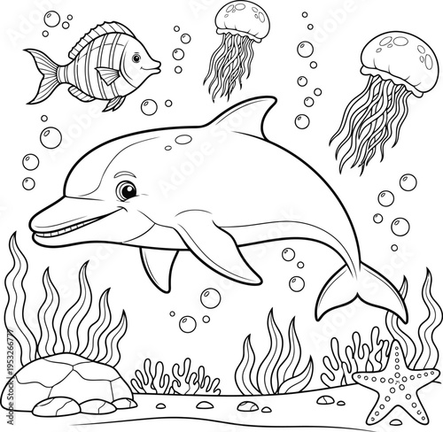 Underwater scene with dolphin fish jellyfish and seaweed