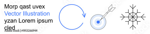 Business goals, focus targeting, environmental concepts, winter, strategy planning, sustainability. Circular arrow, target with arrow snowflake line art. Focus targeting and sustainability concept