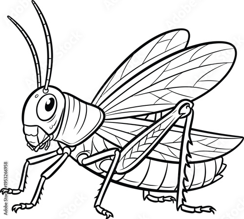 A black and white drawing of a grasshopper with large wings and eyes