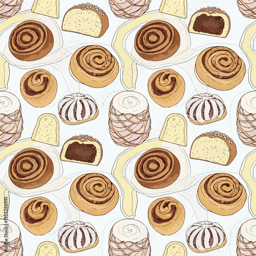 Seamless pattern of assorted sweet pastries and bread rolls on a white background with a colorful and appetizing display.