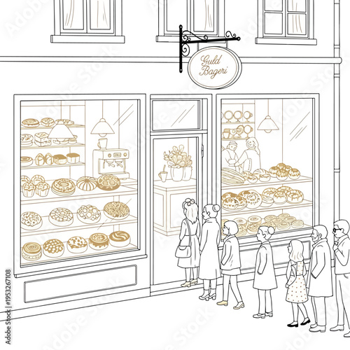 Line drawing of people standing outside a bakery with a sign and large windows displaying various pastries and bread.