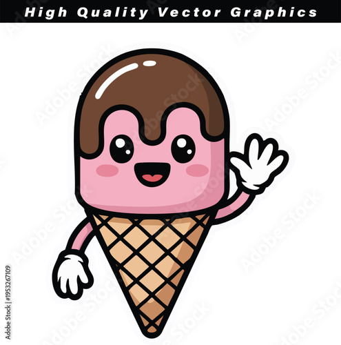 Charming vector illustration of a friendly strawberry ice cream bar on a waffle cone waving hello with big cute eyes and rosy cheeks for children's branding.