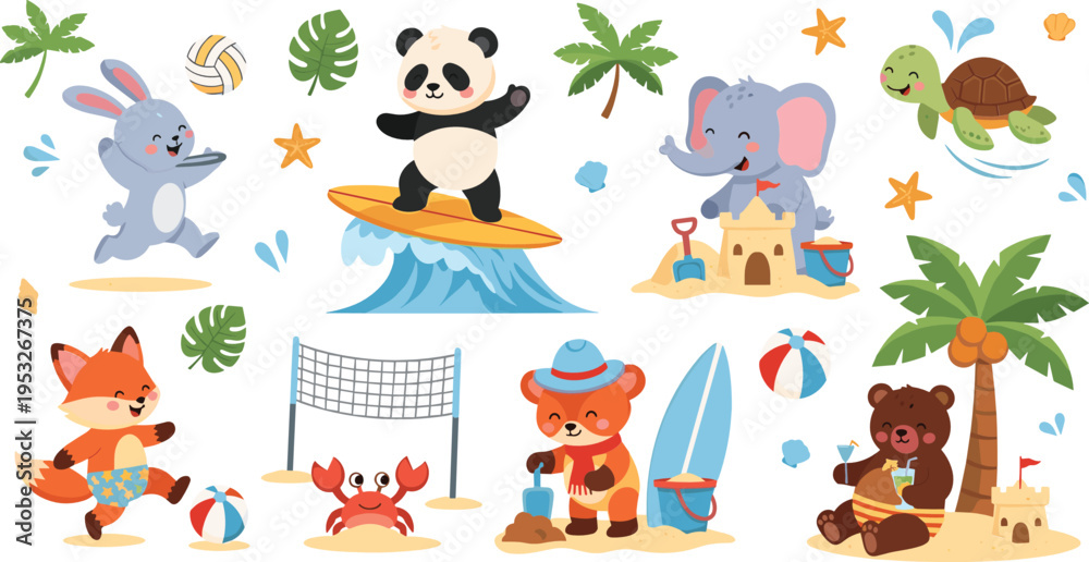 Obraz premium Cute summer beach animals illustration set with panda surfing bunny elephant turtle fox bear and tropical vacation scenes collection