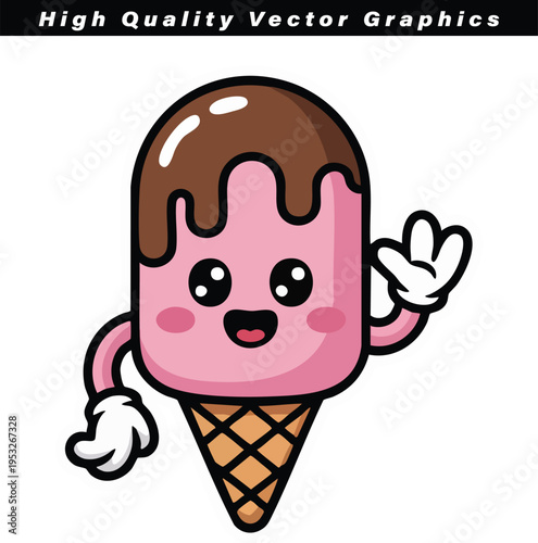 Ice cream bar character dipped in chocolate, featuring cute hands gesturing a friendly sign while standing in a waffle cone, perfect for sweet promotion.