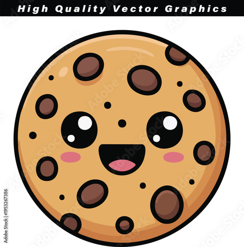 Adorable circular chocolate chip cookie illustration features a cheerful expression and rosy cheeks, perfectly suited for children's branding or fun advertising material.