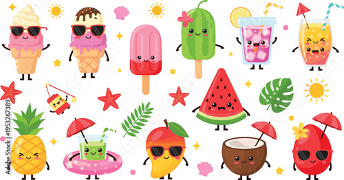 Cute summer food characters illustration set with ice cream popsicles watermelon pineapple drinks and tropical kawaii cartoon collection