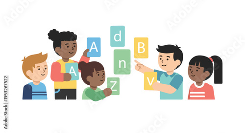 A diverse group of happy young children holding and pointing at colorful letter cards while learning the alphabet together.
