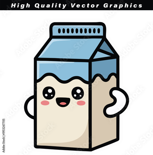 Happy cartoon milk carton with smiling face and waving arms representing dairy products or healthy beverage choices in a cheerful, anthropomorphic style.