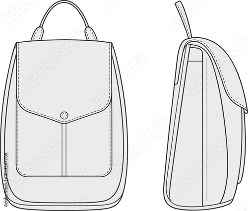 Flat vector illustration of backpack with flap, button, straps, technical views