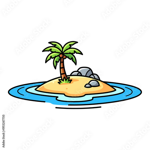 Isolated tropical island with a palm tree and rocks surrounded by serene blue water, evoking a sense of paradise and getaway
