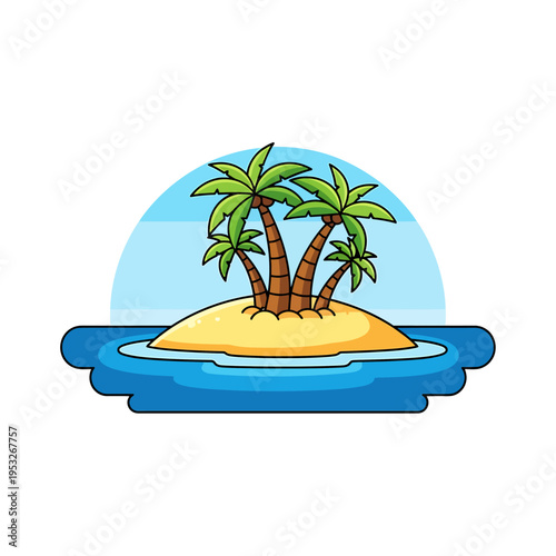 A serene tropical island paradise with palm trees, nestled in the blue ocean under a clear sky, evoking tranquility and vacation dreams