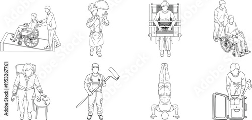 Collection of six medieval illustrations isolated on transparent background