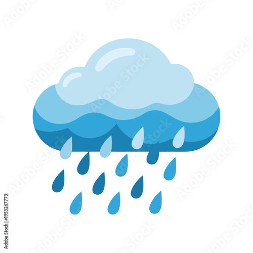 Icon of a weather cloud raining with water droplets falling down against a white background, symbolizing a rainy day or precipitation