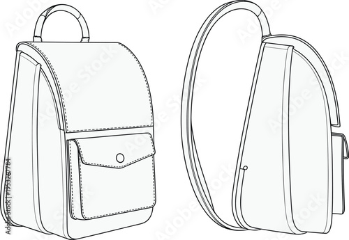 Flat vector illustration of backpack with flap, straps, pocket, technical views
