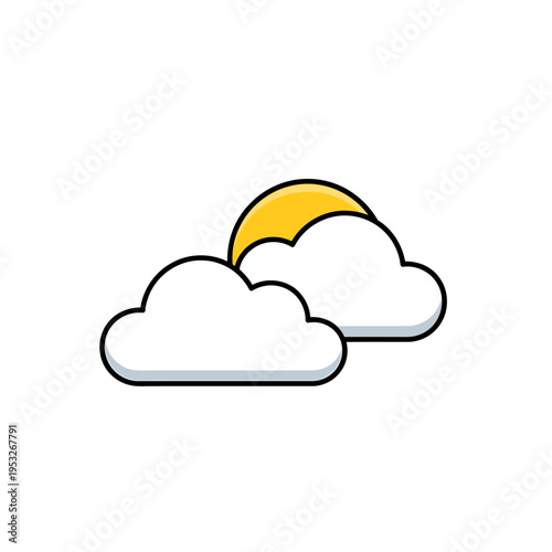 Abstract vector graphic showcasing a bright yellow sun peeking from behind fluffy white clouds, ideal for weather forecast applications and general pleasant day symbolism