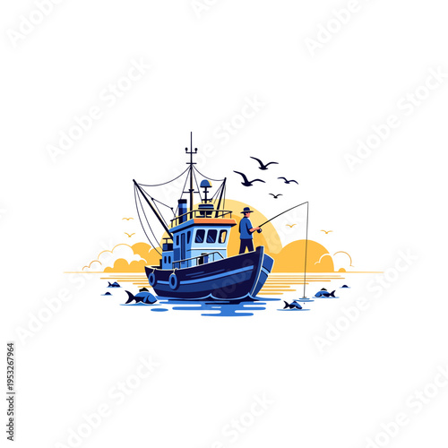 Vibrant illustration of a fisherman on a boat at sunrise. Calm ocean, jumping fish, flying birds depict a peaceful marine fishing adventure