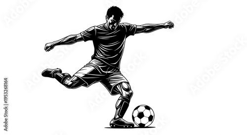 dynamic black and white illustration of a male soccer player kicking a football showcasing athletic action and passion for the sport