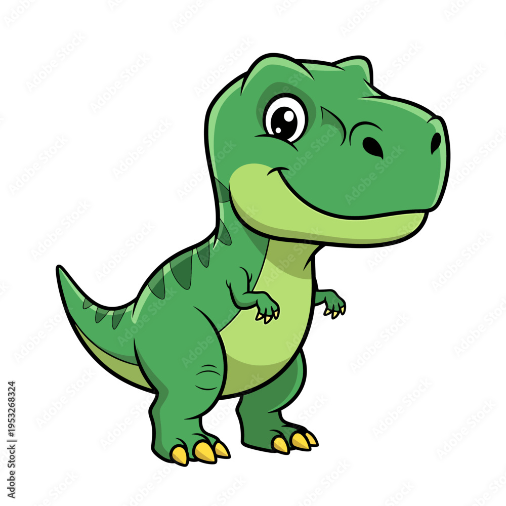 Fototapeta premium Cute cartoon dinosaur character, a friendly green T-Rex illustration for children's books and educational materials