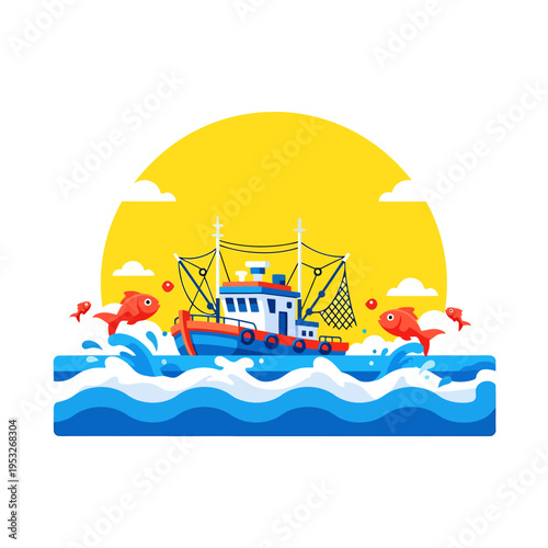 Vibrant cartoon fishing boat on dynamic ocean waves, surrounded by energetic red fish, under a bright yellow sun, symbolizing a successful marine harvest
