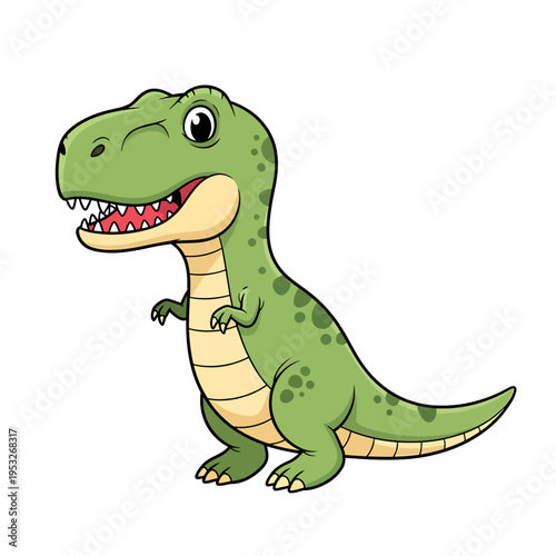 A charming and friendly cartoon green dinosaur illustration standing with a happy expression, featuring a playful prehistoric creature ideal for kids' entertainment and educational content