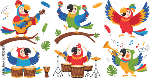 Colorful parrots playing musical instruments illustration set with guitar drums trumpet maracas and singing birds cartoon characters collection