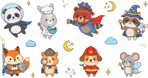 Cute animal superheroes illustration set with panda fox dog raccoon wizard mouse and bunny characters in fantasy costumes collection