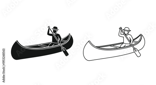 Two canoe illustrations one black and one white display a figure silhouette
