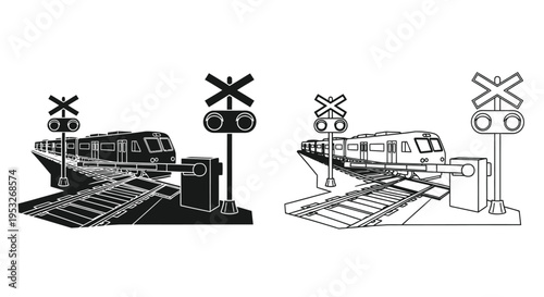 Train passing railroad crossing signs a striking black and white silhouette