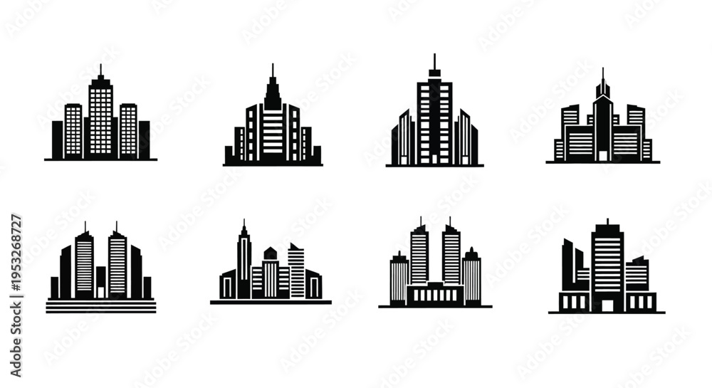 Naklejka premium Eight black and white cityscape icons presented as a striking silhouette